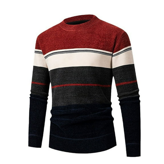 Men Color Blocked Knitted Round Neck Sweater Casual Loose Comfortable Business Trend Long Sleeved Top