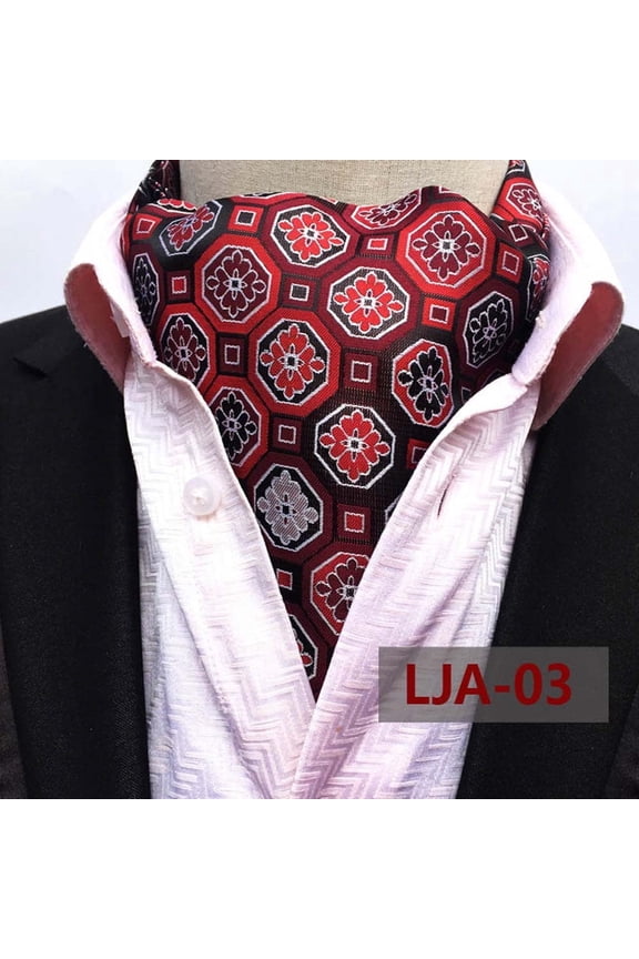 Men Red Floral Geometric Pattern Cravat Ascot Tie Wedding Party Neckwear