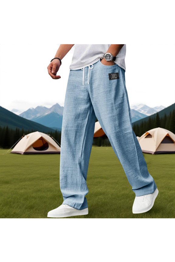 Men Comfort Casual Pants, Linen Material Embroidered Patch Elastic Drawstring Waist Loose Fit Pants With Pockets Light Blue M