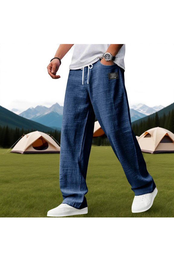 Men Comfort Casual Pants, Linen Material Embroidered Patch Elastic Drawstring Waist Loose Fit Pants With Pockets Navy S