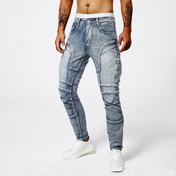 Men Comfort Flex Waist Baggy Jeans Casual Fashion Pocket Solid Color Motorcycle Elastic Tight Fitting Small Leg Cargo Pants Light Blue 2XL