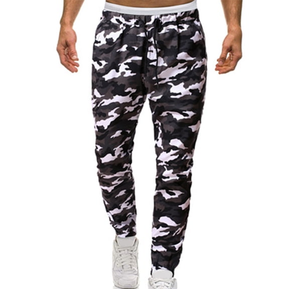 Men Comfy Cargo Pants Camouflage Relaxed Fit Elastic Waist Sweatpant with Drawstrings Comfortable Outdoor Running Athleisure Trousers White S