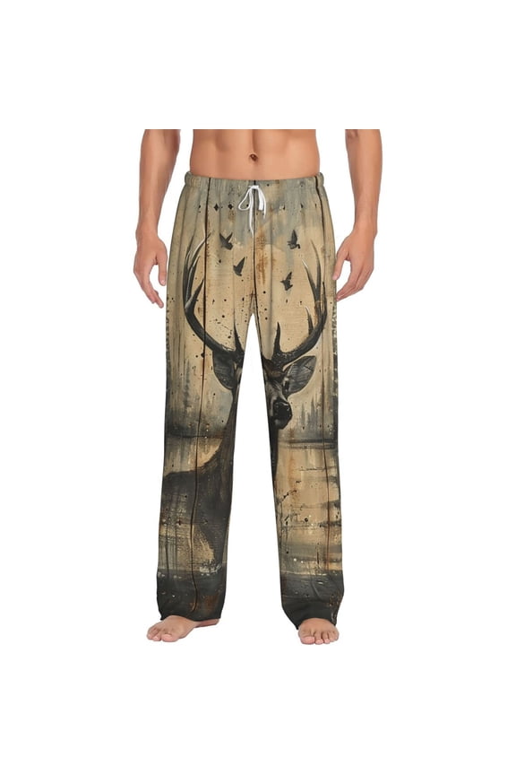 Men Comfy Pajama Pants Long Sleepwear Lounge Bottoms, Deer Vintage Camo Art Black