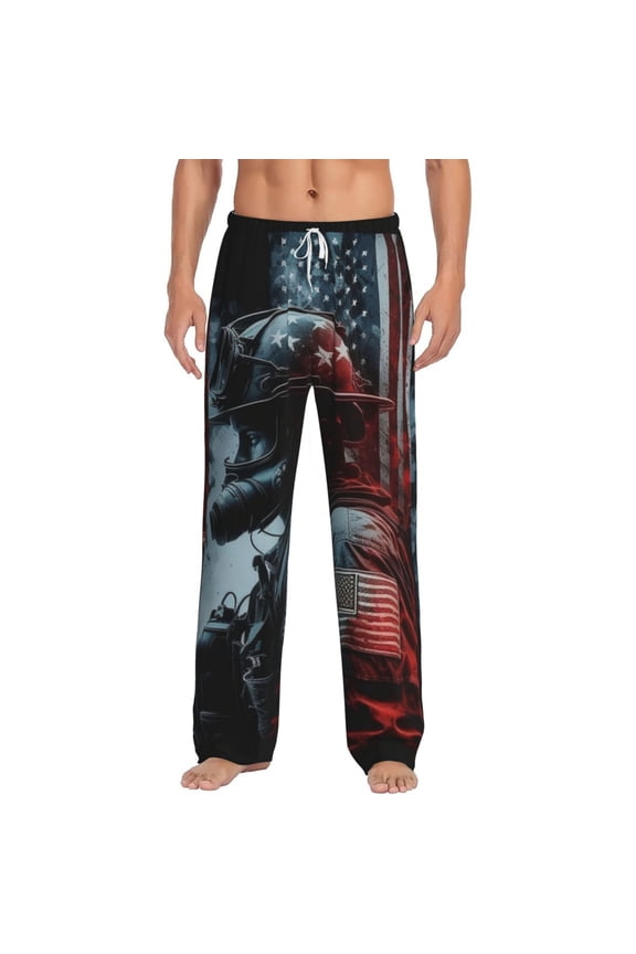 Men Comfy Pajama Pants Long Sleepwear Lounge Bottoms, Fireman American Flag