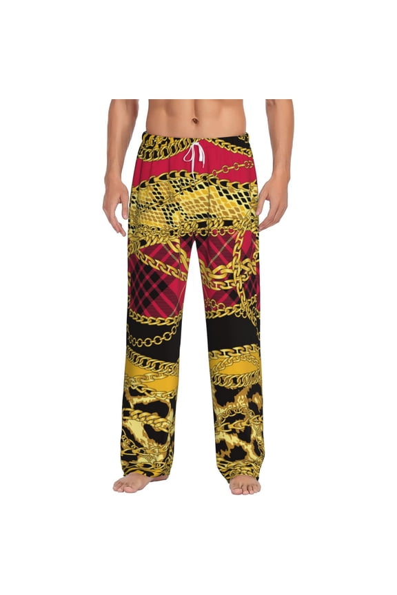 Men Comfy Pajama Pants Long Sleepwear Lounge Bottoms, Gold Chains Leopard Snake Skin Scottish Tartan