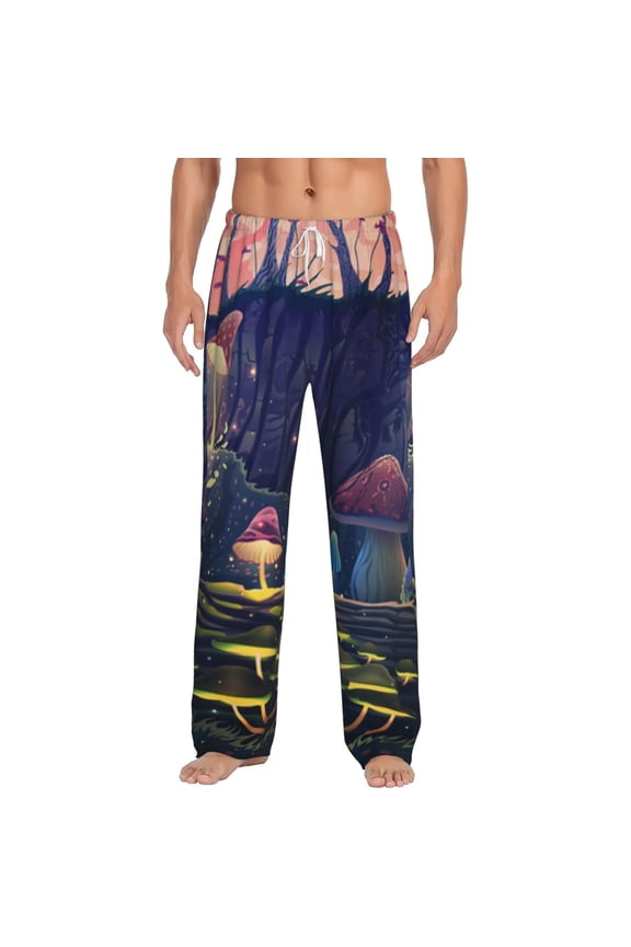 Men Comfy Pajama Pants Long Sleepwear Lounge Bottoms, Mushroom Garden Wild Animals Magic