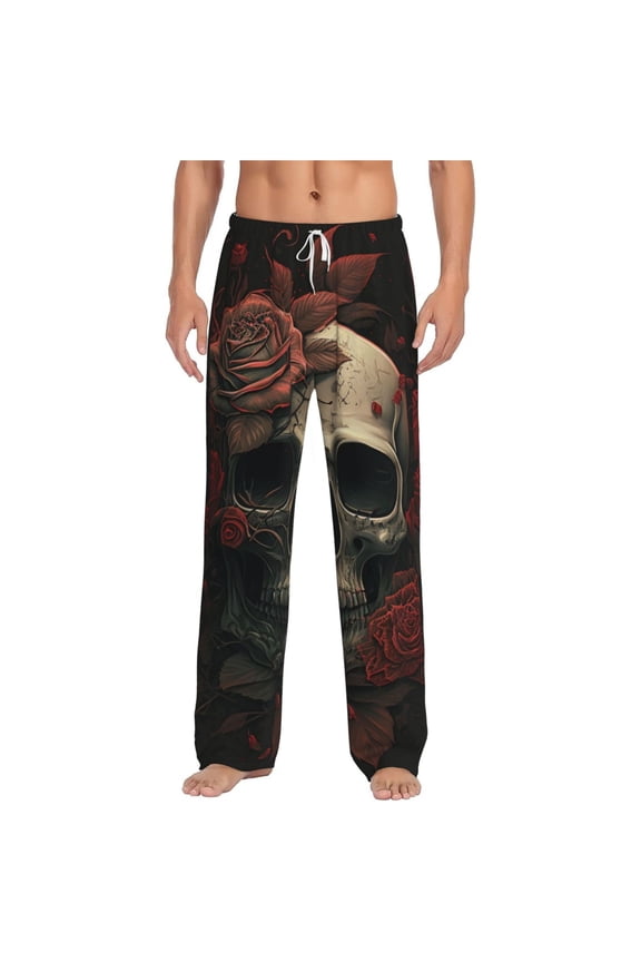 Men Comfy Pajama Pants Long Sleepwear Lounge Bottoms, Retro Skull Head Red Rose