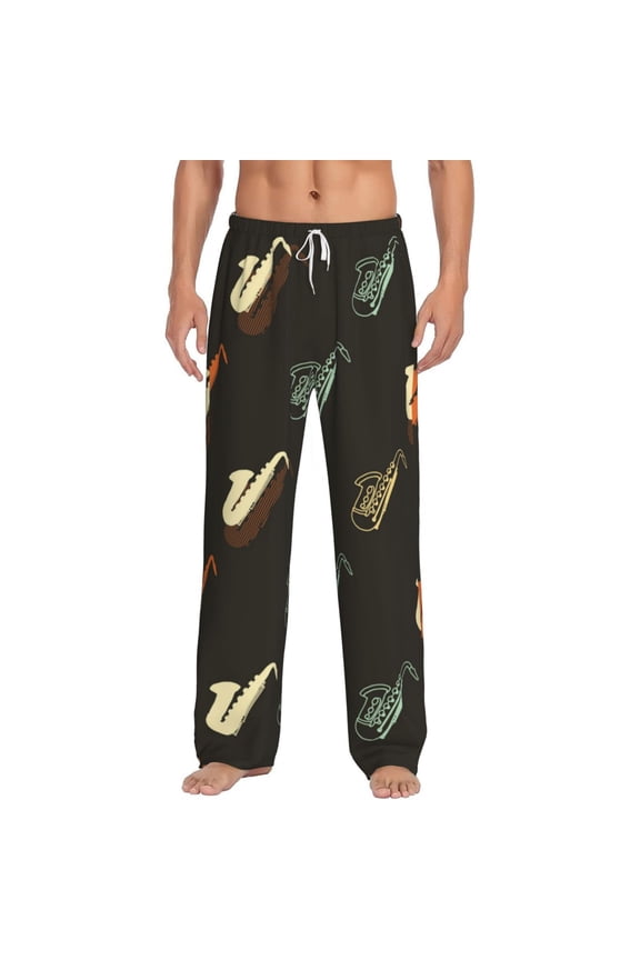 Men Comfy Pajama Pants Long Sleepwear Lounge Bottoms, Saxophone Music Instrument Vintage