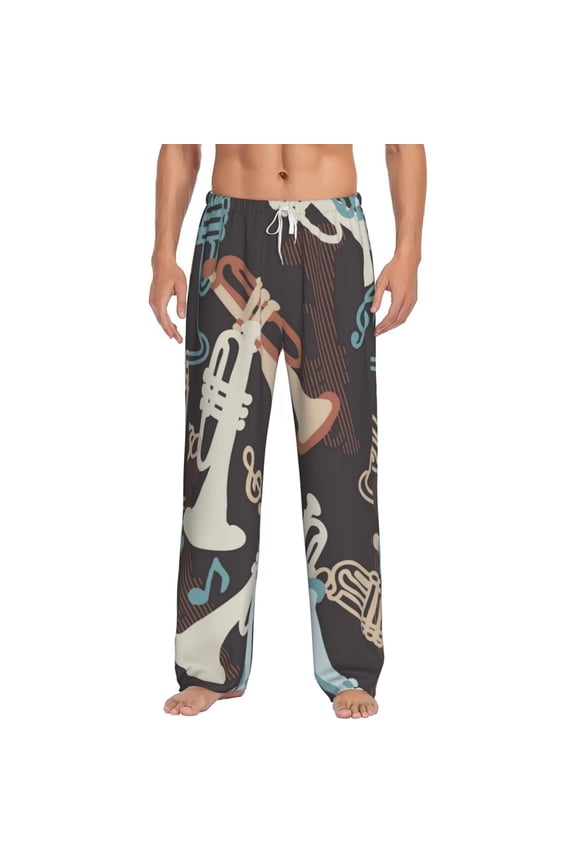 Men Comfy Pajama Pants Long Sleepwear Lounge Bottoms, Trumpet Music Time Vintage