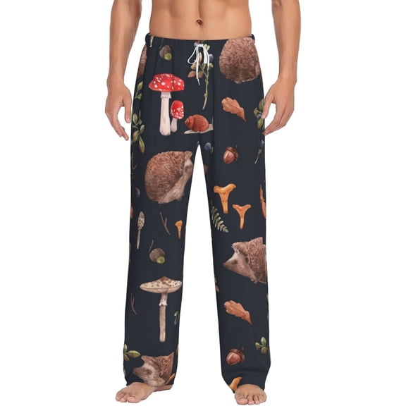 Men Comfy Pajama Pants Long Sleepwear Lounge Bottoms, Watercolor Hedgehog Mushroom