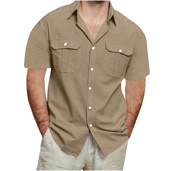 Men Comfy Shirts Short Sleeve Cotton Linen Tshirts Casual Button Down Top with Pockets Loose Plus Size Clothing Summer Trendy Business