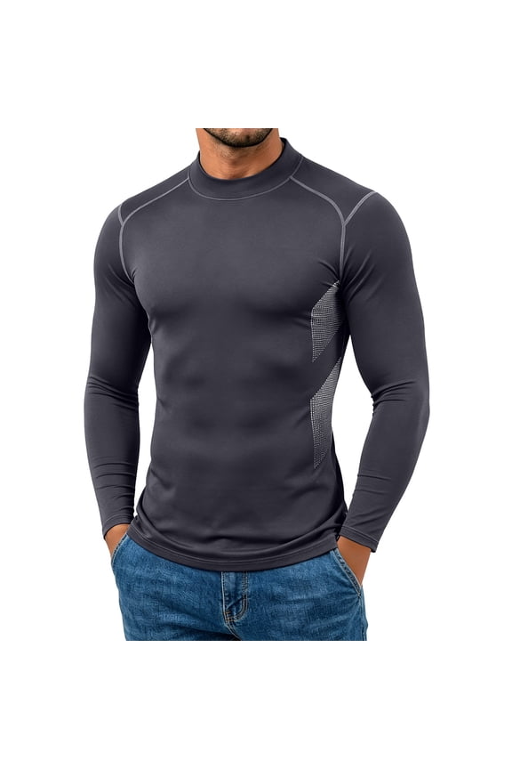 Men Compression Long Sleeve Shirts, Mock Neck Quick Dry Athletic Base Layer Top, Mesh Breathable Side Panel Slim Fit Tee for Running, Gym Dark Gray M(M)