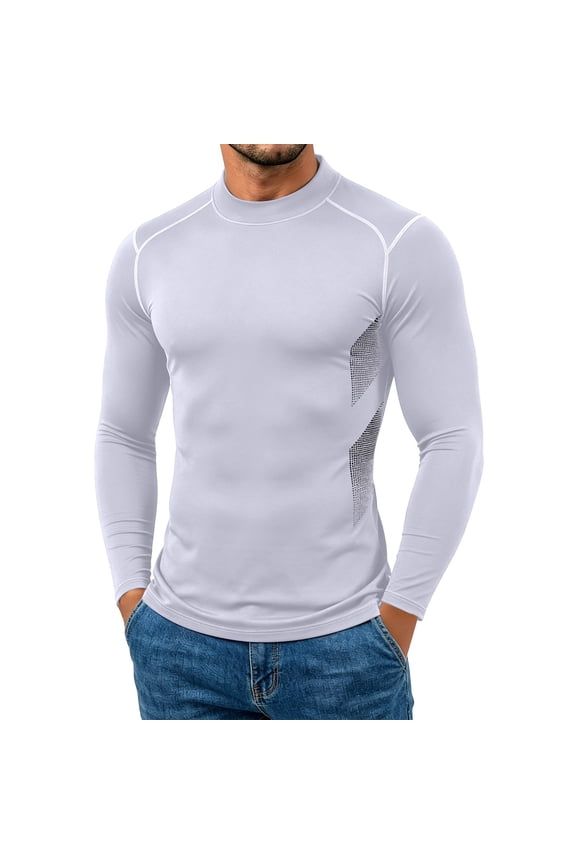 Men Compression Long Sleeve Shirts, Mock Neck Quick Dry Athletic Base Layer Top, Mesh Breathable Side Panel Slim Fit Tee for Running, Gym White M(M)