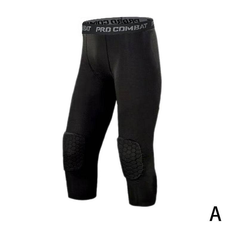 Men Compression Pants Basketball Knee Protector Hex Pads Pants Tights Sport  Athletic Elastic Leggings G1U3 