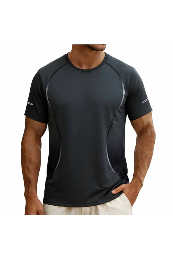Men Compression Shirt Short Sleeve Workout Gym Slim Fit Training Top Quick Dry Stretch Athletic Drawstring