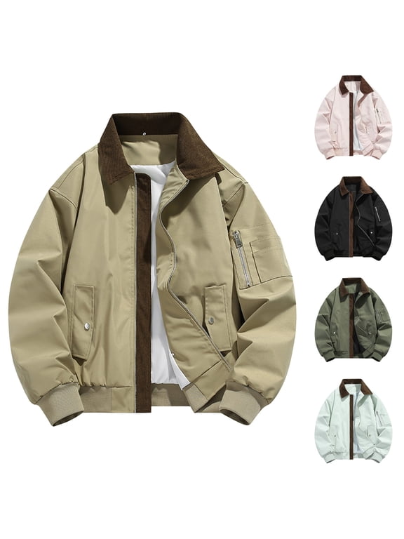 Men Contrast Collar Zip Up Bomber Jacket Long Sleeve Cargo Pocket Casual Coat Loose Fit Urban Streetwear Outerwear