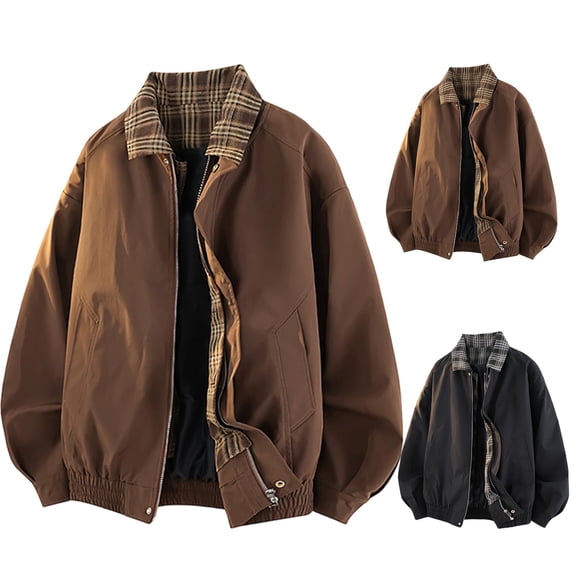 Men Contrast Plaid Collar Windbreaker Jacket, Full‑Zip Loose‑Fit Bomber Outer Coat, Elastic Cuffs and Hem Casual Tops