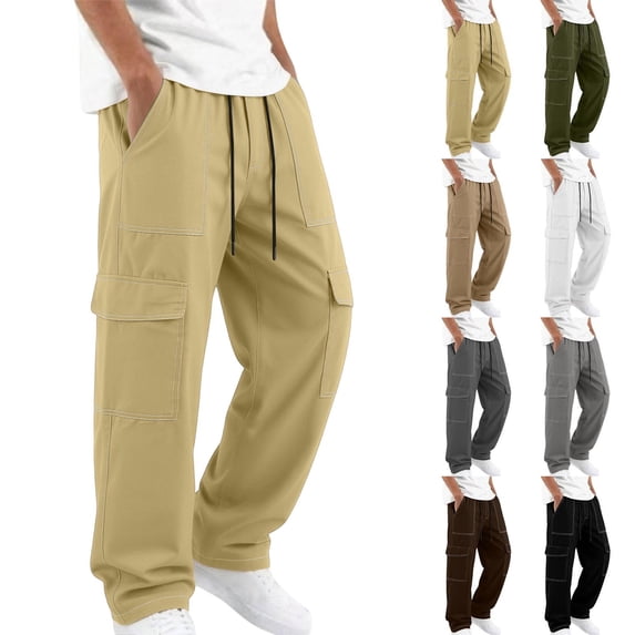 Men Contrast Stitch Cargo Pants Sevevn Elastic Drawstring Waist Multi Layer Side Pockets Straight Leg Lightweight Daily Work Casual Trousers