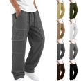 thumbnail image 1 of Men Contrast Stitch Cargo Pants Sevevn Elastic Drawstring Waist Multi Layer Side Pockets Straight Leg Lightweight Daily Work Casual Trousers, 1 of 9