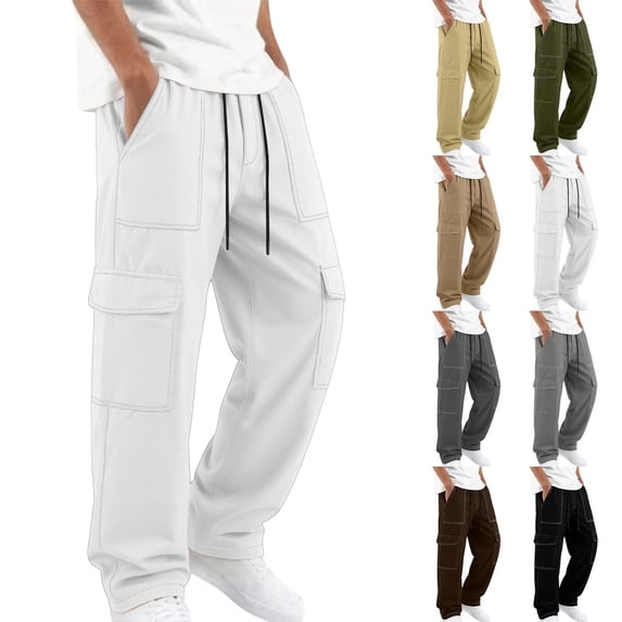 Men Contrast Stitch Cargo Pants Sevevn Elastic Drawstring Waist Multi Layer Side Pockets Straight Leg Lightweight Daily Work Casual Trousers