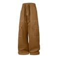 thumbnail image 1 of Men Contrast‑Stitch Wide Leg Cargo Pants, Elastic Drawstring Waist Casual Work Trousers, Loose‑Fit Multi‑Pocket Streetwear Pants, 1 of 8