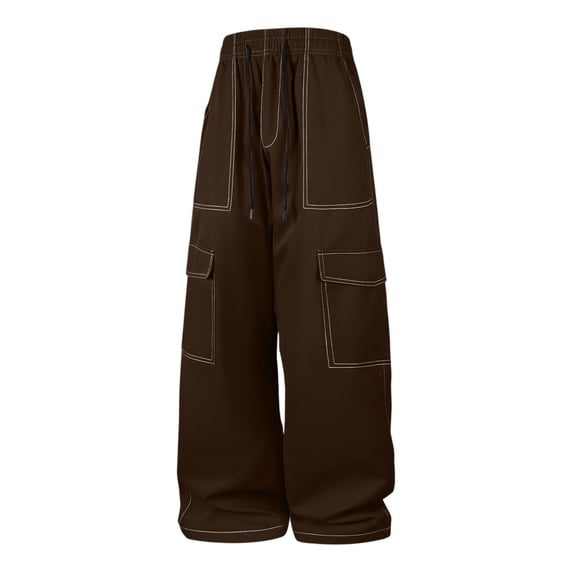 Men Contrast‑Stitch Wide Leg Cargo Pants, Elastic Drawstring Waist Casual Work Trousers, Loose‑Fit Multi‑Pocket Streetwear Pants
