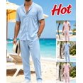thumbnail image 1 of Men Cool Breathable Texture 2 Piece Outfit Short Sleeve Lightweight Beach Mandarin Collar Button Down Shirt Casual Loose Pant Sets with Pocket Sizes S-2XL Pink, 1 of 8