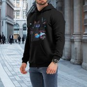 Men Cool Hacker Cat Futuristic Neon Cyber City Keyboard Tech Graphic Pullover Hoodie, Cyberpunk Gamer Sci-Fi Cat Lover 230g Black Hoodie
