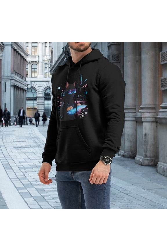 Men Cool Hacker Cat Futuristic Neon Cyber City Keyboard Tech Graphic Pullover Hoodie, Cyberpunk Gamer Sci-Fi Cat Lover 230g Black Hoodie