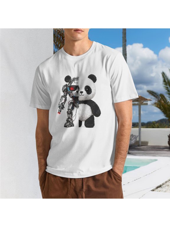 Men Cool Half Robot Half Panda Cyborg Gun Graphic Crew Neck T-Shirt, Steampunk Mechanical Animal Poly Cotton Casual Short Sleeve Tee