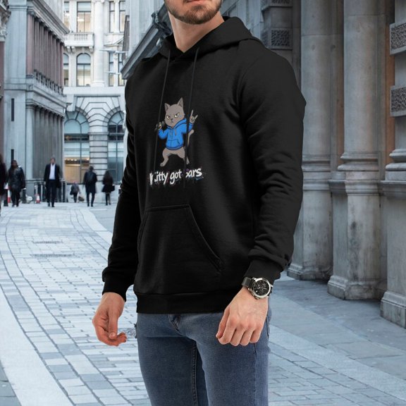 Men Cool Punk Rockstar Cat Blue Hoodie Microphone Rock Hand Graffiti Graphic Pullover Hoodie, Music Punk Pet Cat Casual 230g Black Hoodie