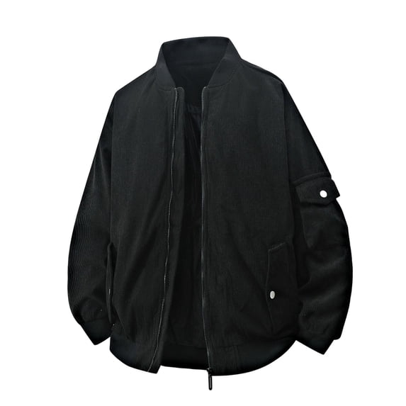 Men Corduroy Full Zip Multi Pocket Jacket, Loose Windproof Casual Streetwear Outerwear Soft Long Sleeve Coat For Spring Fall Daily Men Black XXXL