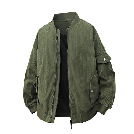 Men Corduroy Full Zip Multi Pocket Jacket, Loose Windproof Casual Streetwear Outerwear Soft Long Sleeve Coat For Spring Fall Daily Men Army Green XXXL