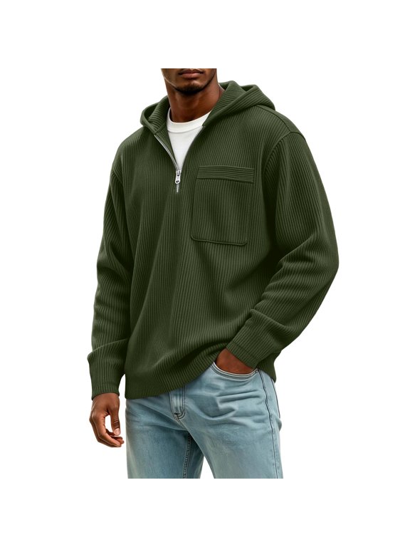 Men Corduroy Hoodie Jacket Quarter Zip Long Sleeve Sweatshirts with Patch Pocket,Lightweight Breathable Fall Winter Daily Outing Wear,Green,L