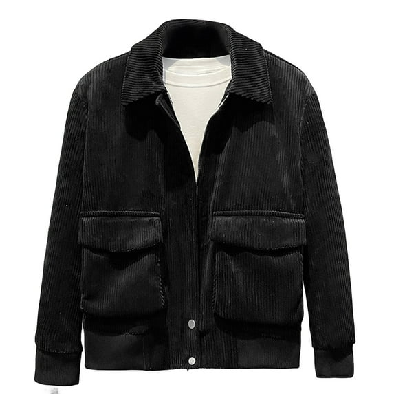 Men Corduroy Jacket Lapel Long Sleeve Flap Pockets Full Zipper Closure Solid Color Jacket Casual Outerwear