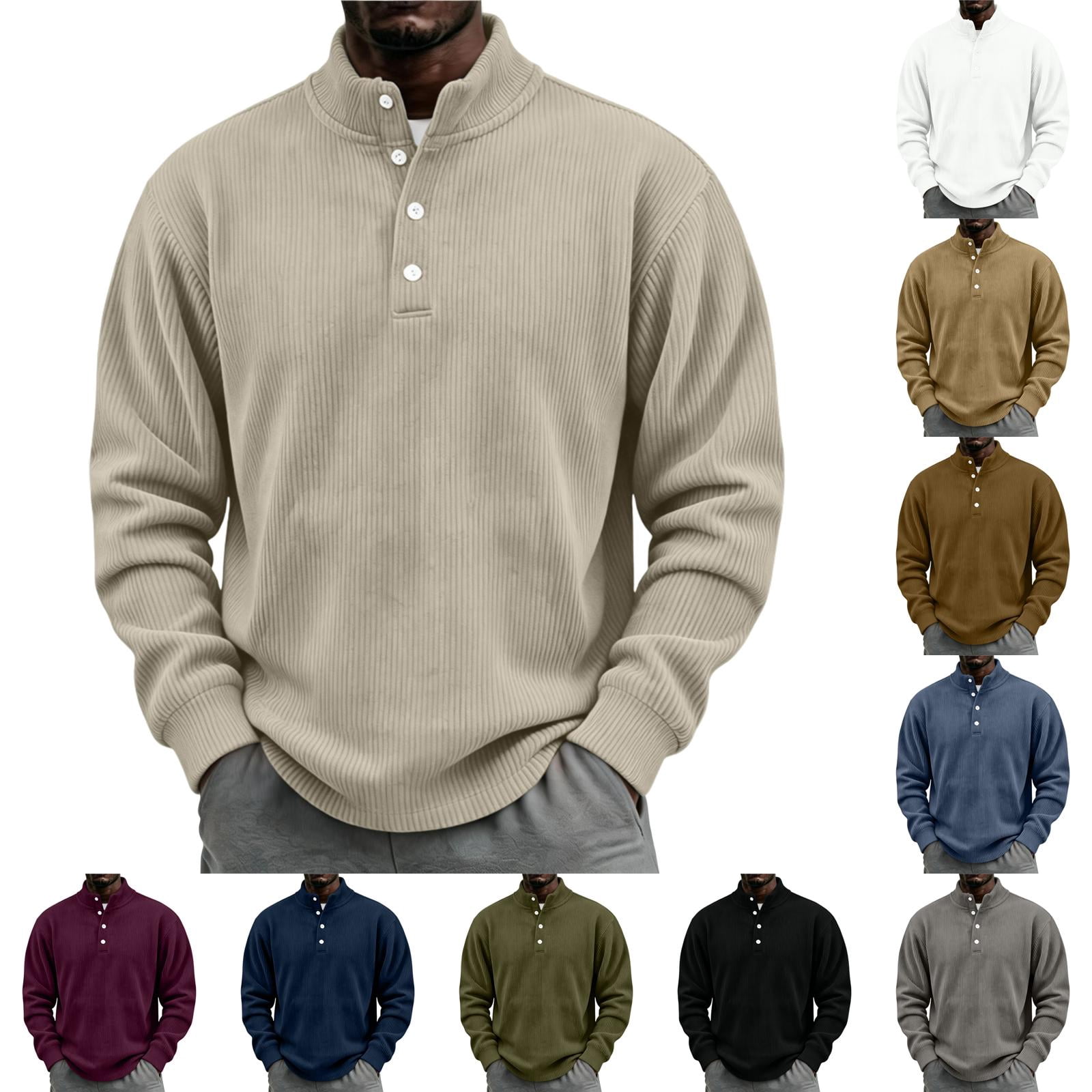 Men Corduroy Long Sleeve Partial Button Casual Shirt Mock Neck Collar ...