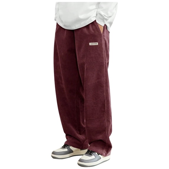 Men Corduroy Loose Fit Casual Sports Pants Wide Leg Trousers Relaxed Fit Elastic Waistband Drawstring Design
