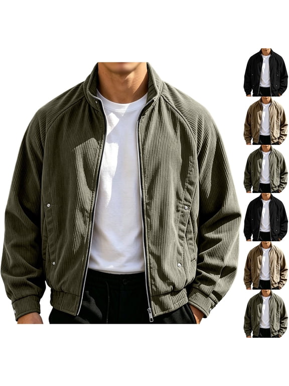 Men Corduroy Stand Collar Bomber Jacket Vertical Texture Zip Up Elastic Cuff Loose Fall Winter Outer Coat