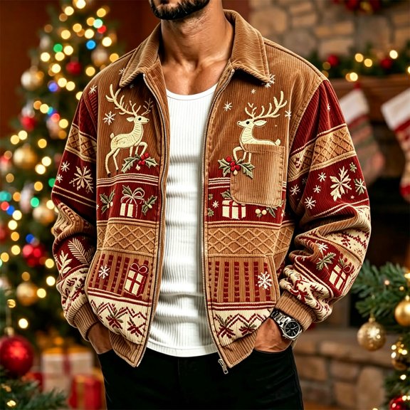 Men Corduroy Work Jacket Lapel Collar Long Sleeve Zip Christmas Outerwear with Pocket Casual Santa Dinosaur Print Fall Winter Coats Light Brown XL