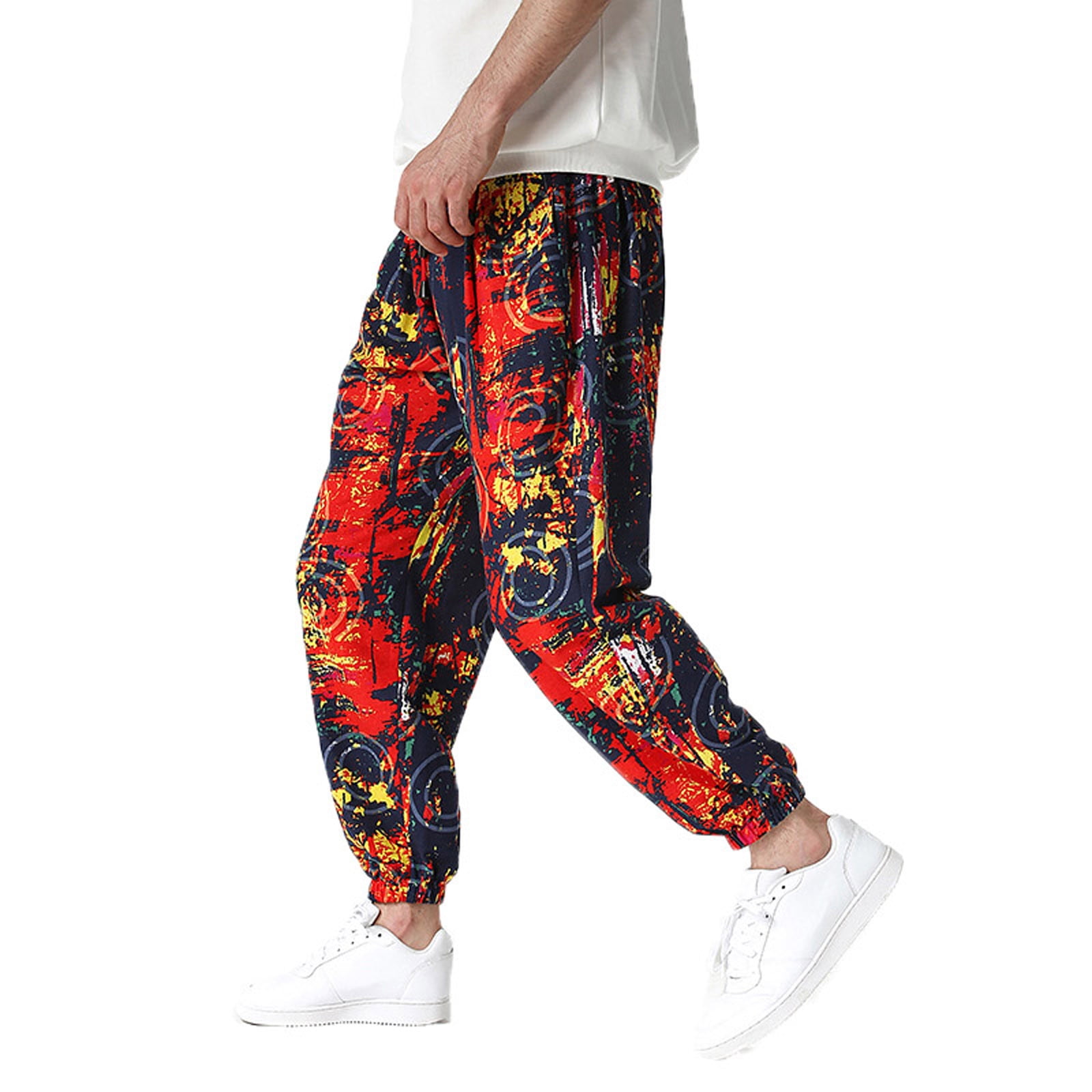 Men's Ethnic Print Boho Casual Unisex Yoga Lounge Striped Harem Pants Trousers with Pockets
