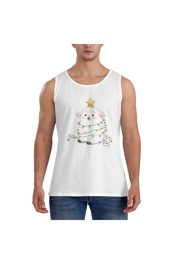 Men Cotton Casual Sports Tank Top, Christmas Light Sheep Star Topper Cute Watercolor Holiday Sleeveless Shirt