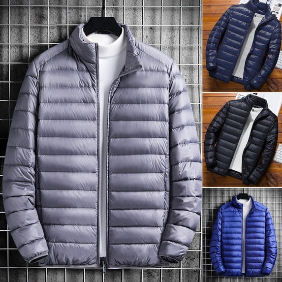 Men Cotton Coat Stand Collar Long Sleeve Zipper Closure Lightweight Jacket with Side Pockets Down Cotton Quilted Outwear