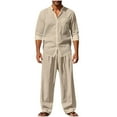 thumbnail image 1 of Men Cotton Linen 2 Piece Sets Casual Long Sleeve Shirts Loose Stratight Leg Pants Comfy Soft Solid Color Spring Fall Outfits, 1 of 5