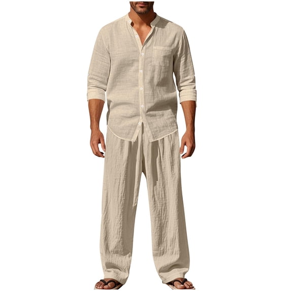 Men Cotton Linen 2 Piece Sets Casual Long Sleeve Shirts Loose Stratight Leg Pants Comfy Soft Solid Color Spring Fall Outfits