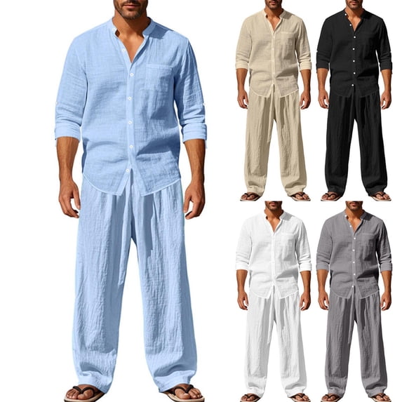 Men Cotton Linen 2 Piece Sets Casual Long Sleeve Shirts Loose Stratight Leg Pants Comfy Soft Solid Color Spring Fall Outfits