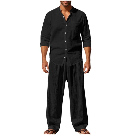 Men Cotton Linen 2 Piece Sets Casual Long Sleeve Shirts Loose Stratight Leg Pants Comfy Soft Solid Color Spring Fall Outfits