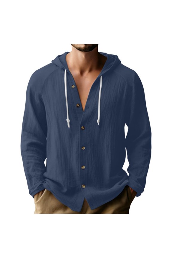 Men Cotton Linen Button Down Shirt Long Sleeve Casual Summer Beach Hoodie Lightweight Pullover with Pockets