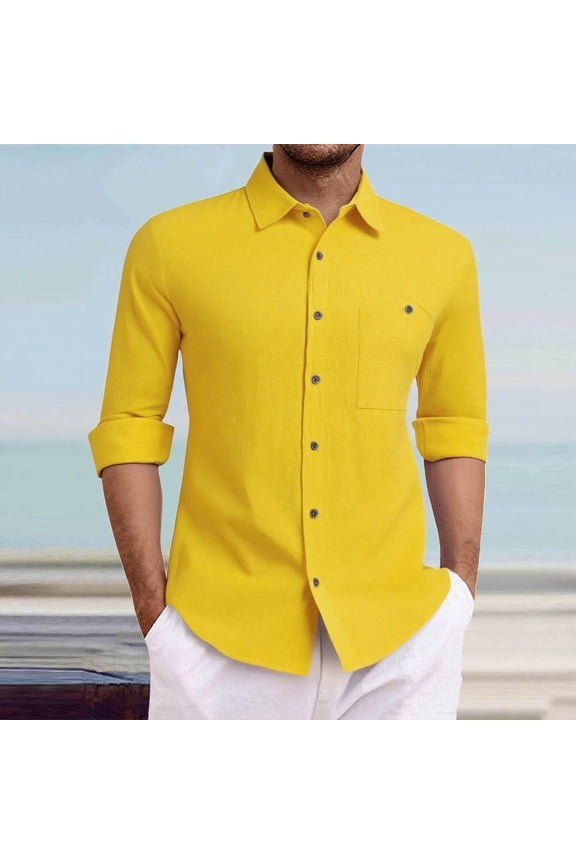 Men Cotton/Linen Casual Button Down Shirt Dress Long Sleeve Work Office Blouses with Flap Pocket Thin Business Jackets