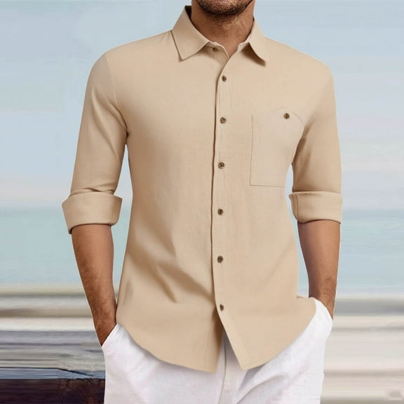 Men Cotton/Linen Casual Button Down Shirt Dress Long Sleeve Work Office Blouses with Flap Pocket Thin Business Jackets