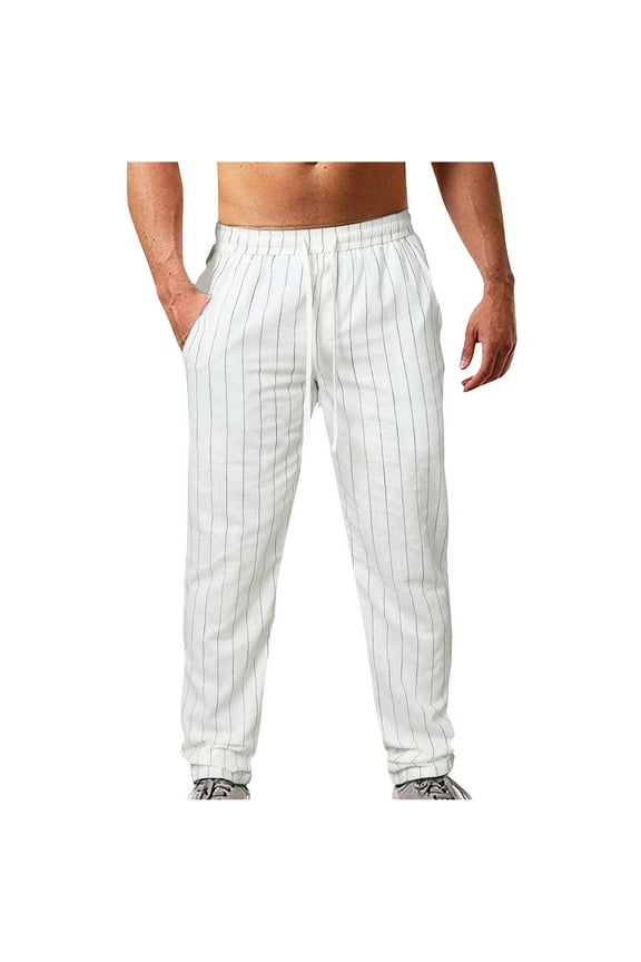 Men Cotton Linen Drawstring Pants qolati Striped Beach Golf Elastic Waist Sweatpants Casual Regular Fit Summer Yoga Jogger Trousers